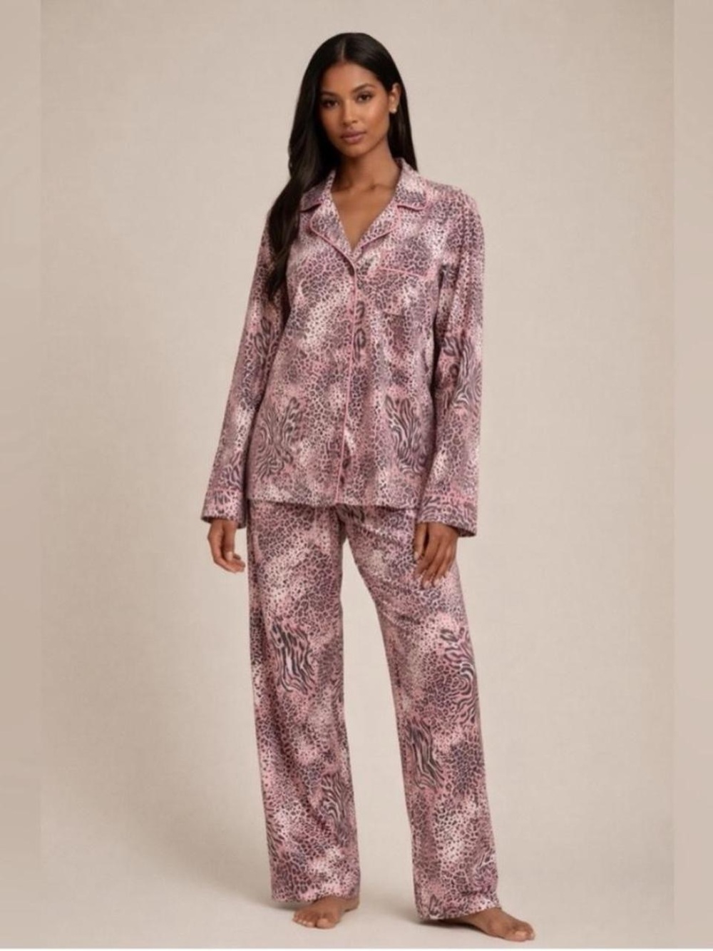 SKIMS Bloom Mini Multi Animal Long Sleeve Pajama Set Pink Leopard NWT